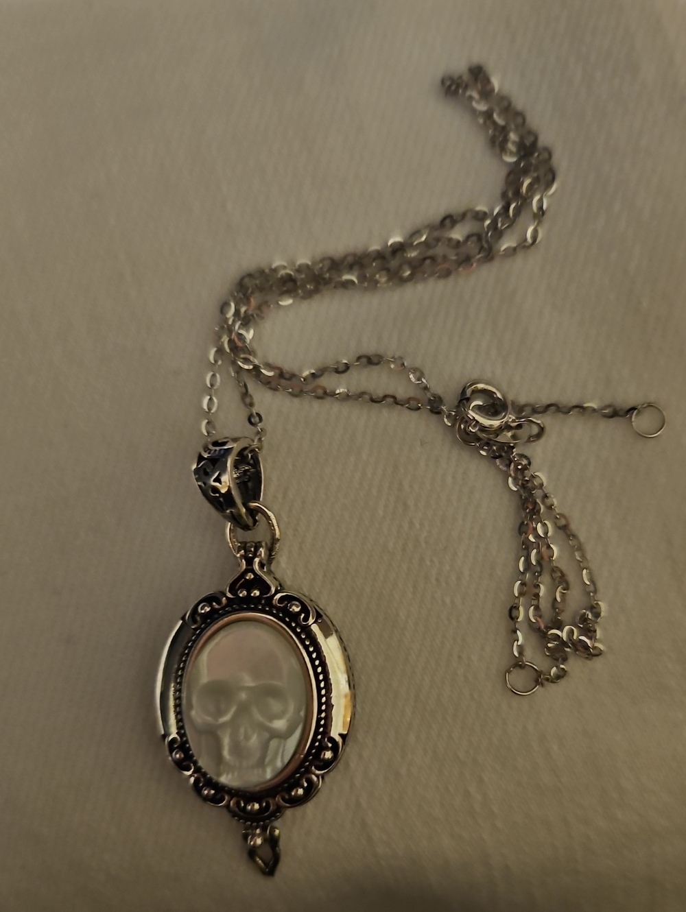 Sterling Silver Carved Pearl Skull Locket Necklace